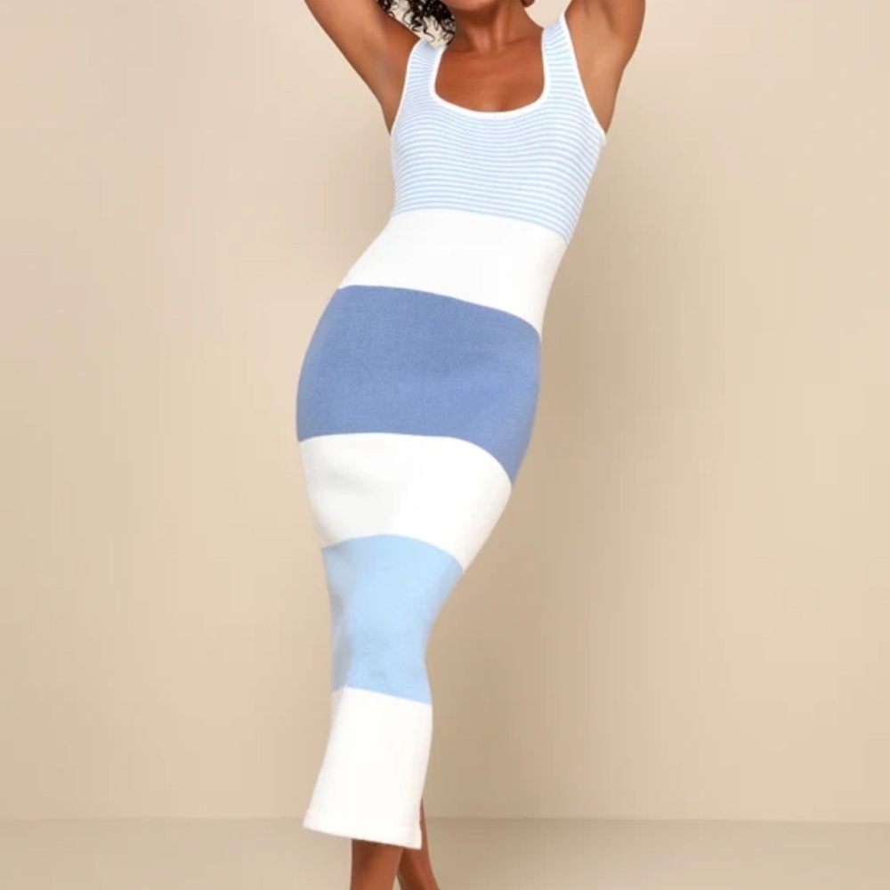 Lulus Easily Gorgeous Ivory and Light Blue Striped Midi Sweater Dress